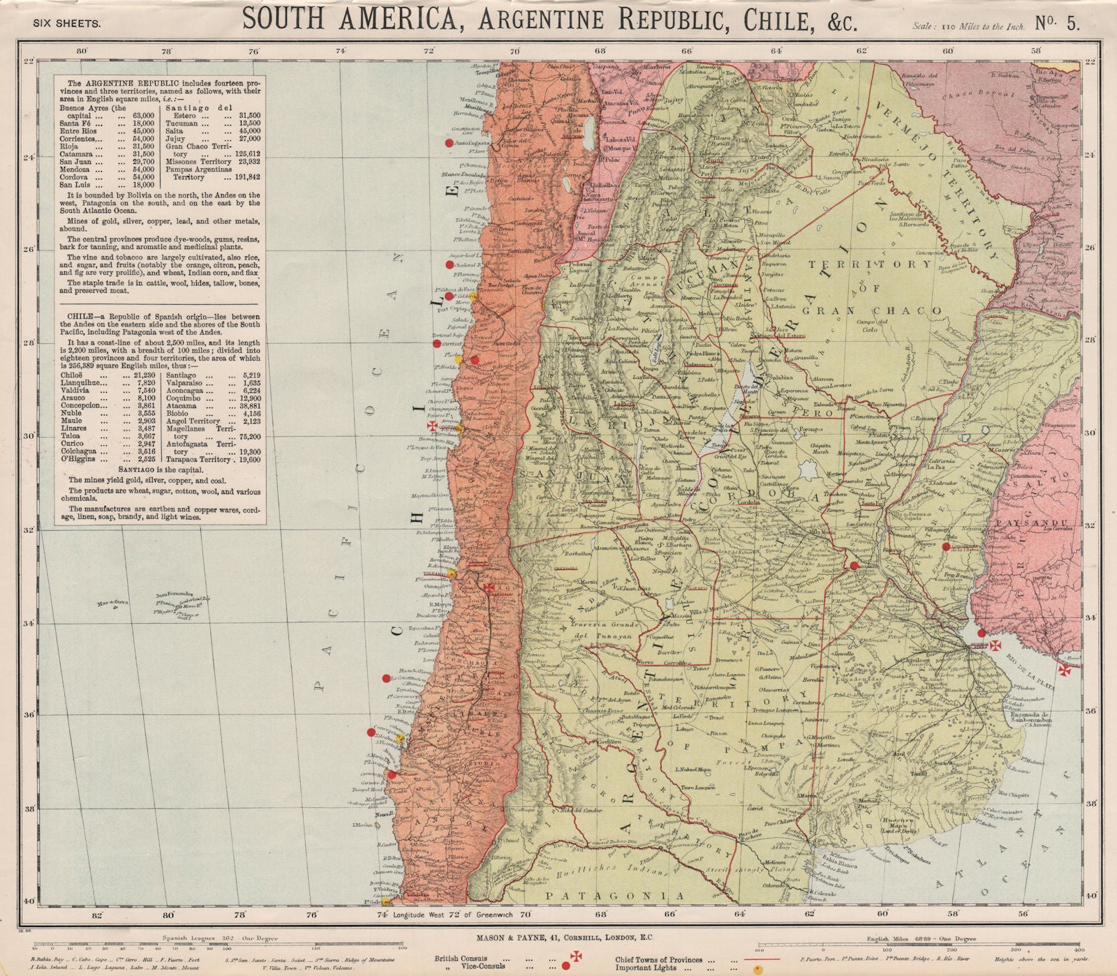 SOUTH AMERICA. Chile Argentina. Lighthouses British Consuls. LETTS 1889 map
